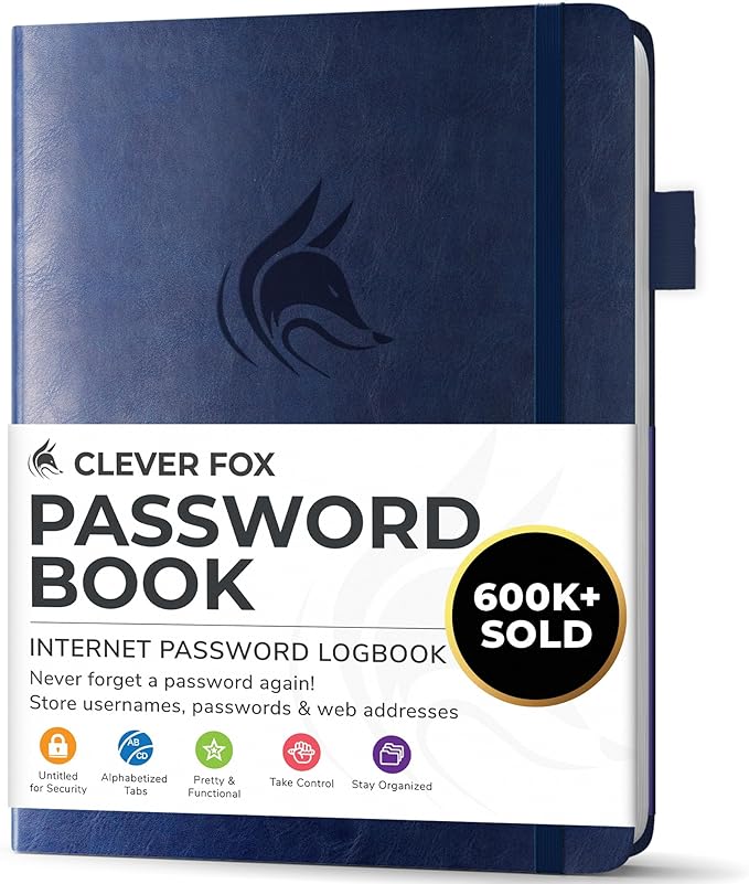 Clever Fox Password Book with alphabetical tabs. Internet Address Organizer Logbook. Small Pocket Password Keeper for Website Logins (Dark Blue)