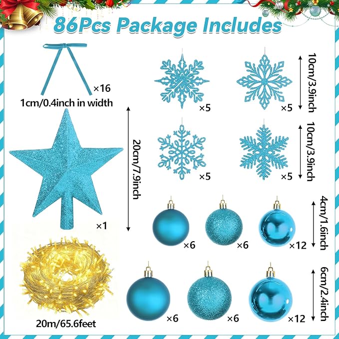 86Pcs Led Light Blue Christmas Tree Decorations Set 100 Led Light Christmas Star Trees Topper with String Lights Xmas Balls Snowflakes Ornaments Bows Xmas Trees Decor 20m Light String