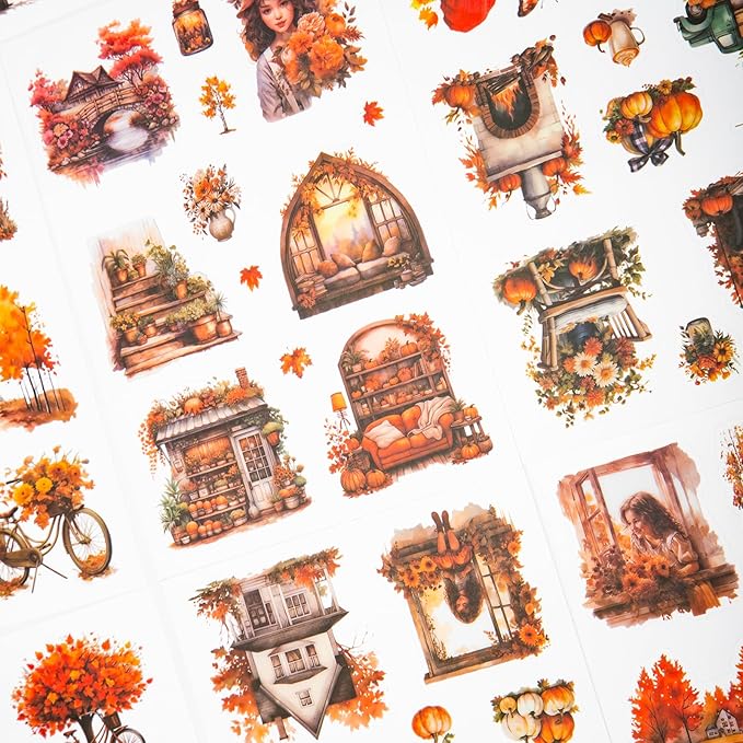 Autumn Theme Sticker Scrapbooking Supplies for Junk Journal, 20 Sheets PET Stickers - Vintage Journaling Stickers, Ephemera Sticker Book Pre Cut(TZ-006-003)
