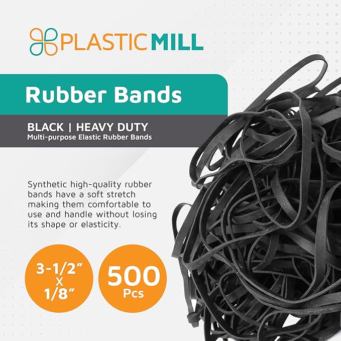 PlasticMill Black Rubber Bands Size 33 (3 1/2" x 1/8") - #33 Rubber Bands Office Supplies - Strong, Elastic Bands for Crafts, Balloon Garland, Cash, File Folders (500-Pack)