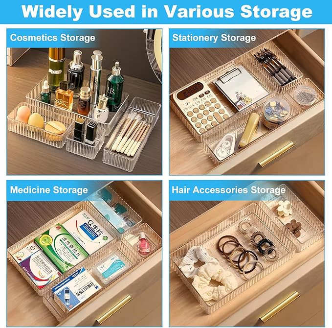 HOTOOLME 14PCS Clear Drawer Organizers Bins, 4 Size Clear Makeup Drawer Organizer, Stackable Vanity Drawer Organiser Trays, Bathroom Drawer Storage for Cosmetics, Office Supply