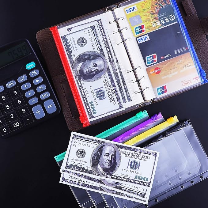 Antner 12PCS A6 Binder Pockets 6-Hole Budget Cash Envelopes Multicolor Zipper Money Organizer for Cash Stuffing, Waterproof PVC A6 Planner Inserts Binder Pouches Loose Leaf Document Storage Bags