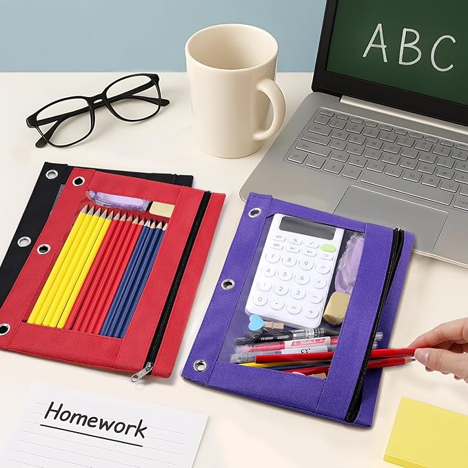 SUNEE Pencil Pouch for 3 ring binder, Pencil Bag for Binder with Zippers, Red Pencil Case for Students Organizer, Red