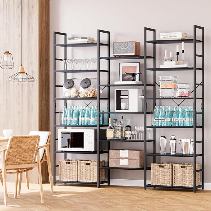 NUMENN Triple Column 6 Tier Bookshelf, Bookcase with 17 Open Display Shelves, Adjustable Rustic Industrial Style Book Shelves, Modern Bookshelves for Bedroom, Living Room and Home Office, Black