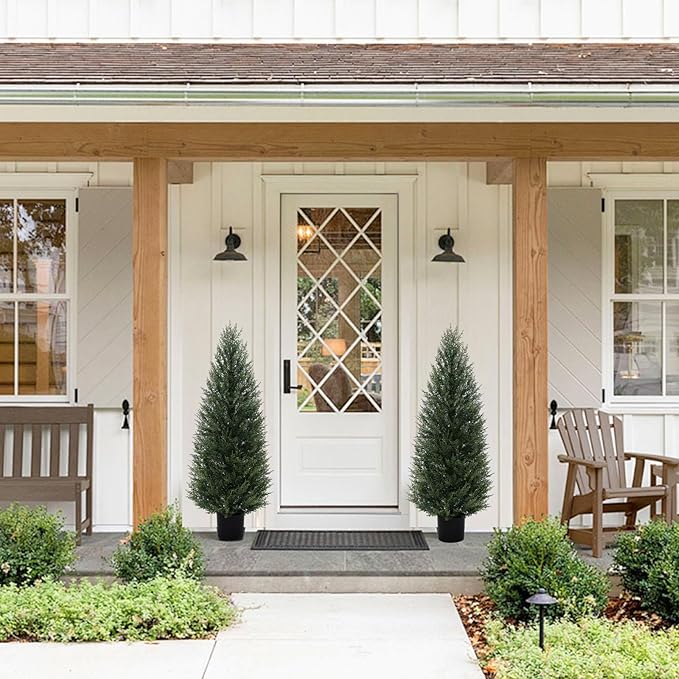 2Pack 4ft Outdoor Artificial Cedar Topiary Trees, All-Weather Faux Pine for Home Porch Entryway Decor