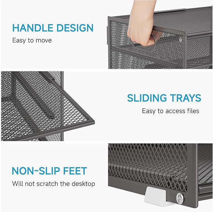 Lavatino 3-Tier Letter Tray Desk Organizer, Mesh Metal Paper File Tray Organizer for Desk, Office Supplies & Home Organization, Fits A4 Paper, Mail, Magazines & Office Accessories (Grey with Handle)