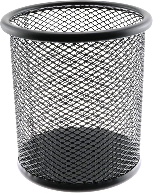 1-Pack Mesh Pen Holder Round Shape Pencil Container Multipurpose Metal Hollow Out Desktop Storage Organizer for Student Stationery Office Supplies(Black)
