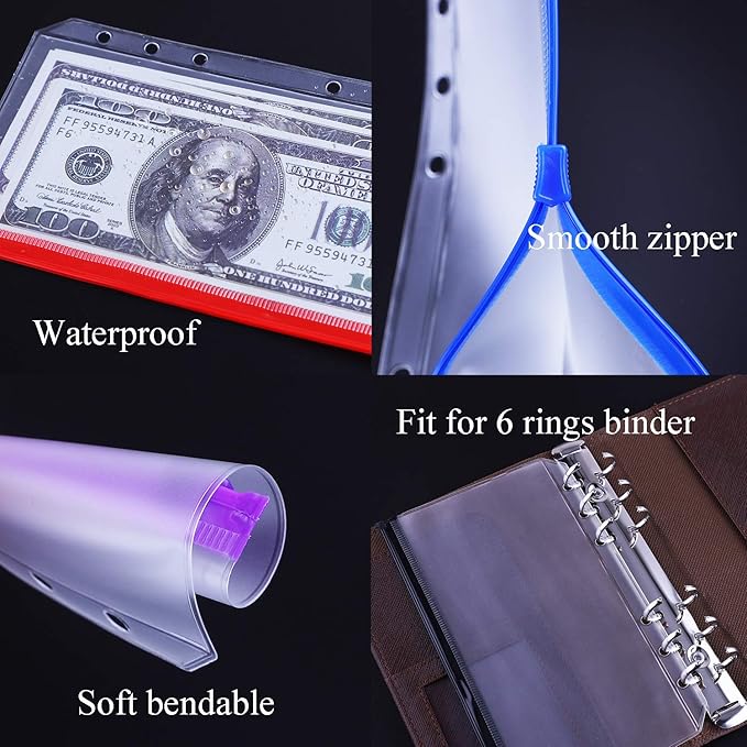 Antner 12PCS A6 Binder Pockets 6-Hole Budget Cash Envelopes Multicolor Zipper Money Organizer for Cash Stuffing, Waterproof PVC A6 Planner Inserts Binder Pouches Loose Leaf Document Storage Bags