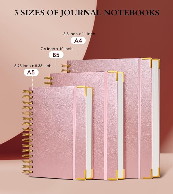 Spiral Notebook Journal 7.6” x 10”, 300 Pages Hardcover Leather Lined Journals for Women Men, B5 Large College Ruled Notebooks with 100 GSM Thick Paper, Spiral Journal for Writing Work School, Pink