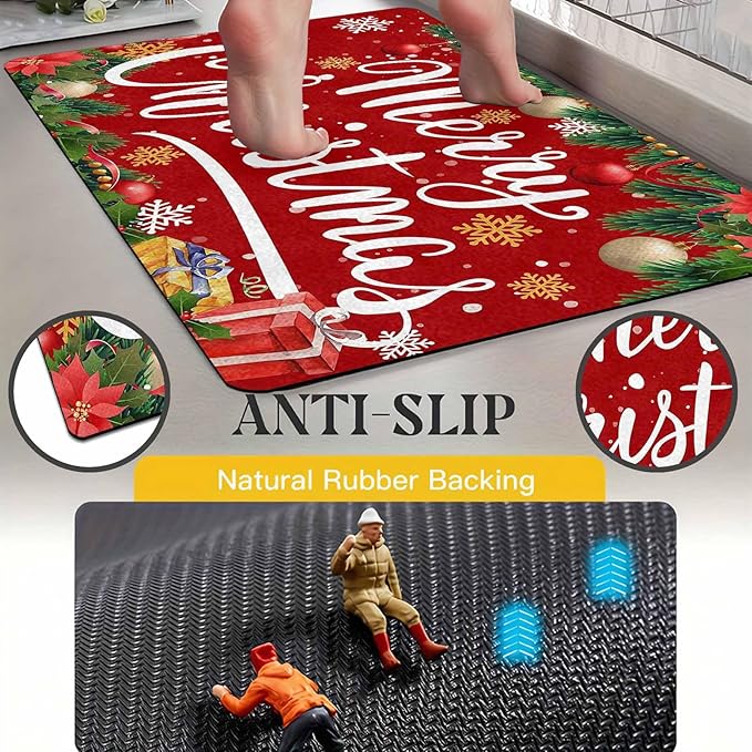 InterestPrint Merry Christmas Welcome Mat Low Profile Entrance Decoration Easy Clean Door Rug Christmas Red Doormat Outdoor Entrance for Outside Entrance Or Porch Entry, 18" x 30"Inch