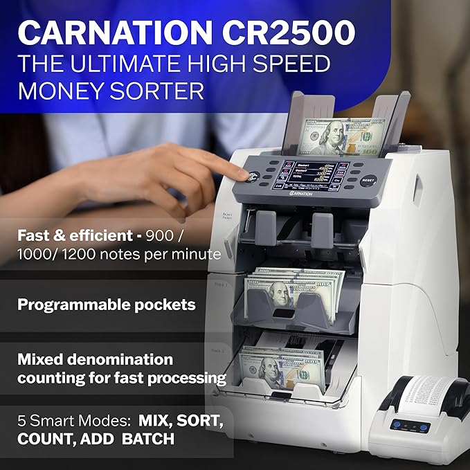Bank Grade Mixed Denomination Bill Counter and Sorter CR2500 with Printer - Full Spectrum Counterfeit Detection PC Suite 2 Year Warranty (CR2500)