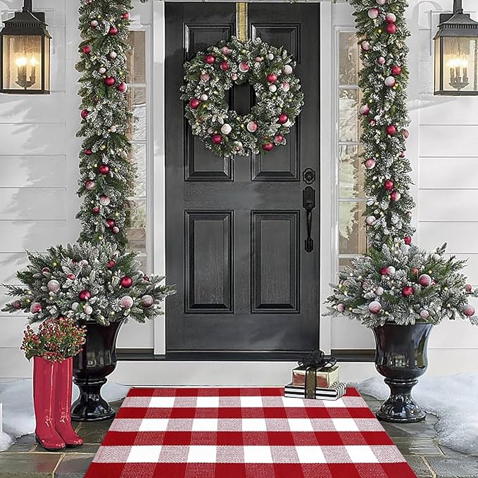 Christmas Plaid Outdoor Rug, 2'4" x 3'7" Red&White Check Indoor/Outdoor Area Rug, Layering Rug for Hello/Welcome Door Mat, Machine Washable Cotton Woven Rug for Farmhouse Front Porch,Entryway