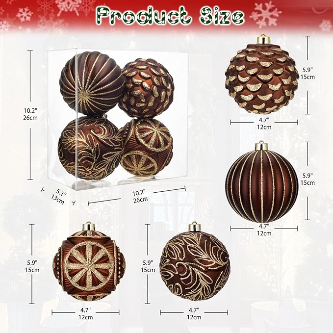 Hollyone 4.7 Inch Large Brown and Gold Christmas Ornaments 4Pcs Christmas Tree Balls Bronze Ornaments Shatterproof Christmas Ornaments for Xmas Tree Decor Party Wreath Home Decor (Brown, 120mm)