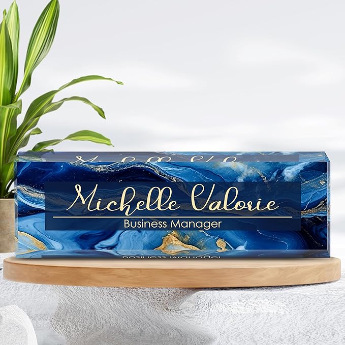 Personalized Name Plate for Desk, Custom Desk Name Plate, Acrylic Name Plate Office Desk Accessories, Personalized Office Gifts for Coworkers Teachers, Employee Appreciation Gifts (B-Blue Marble)