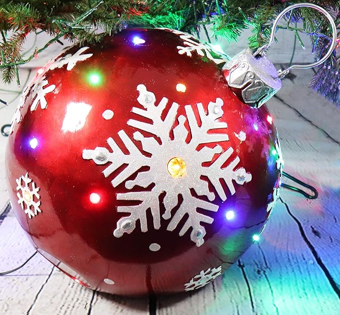 Fraser Hill Farm FFRS018-ORN1-RD Indoor/Outdoor Oversized Jeweled Ball Ornament w/Long-Lasting LED Lights, Red Holiday Decoration, 18"