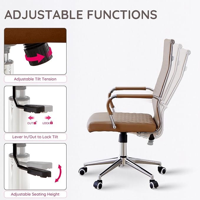 Livinia Modern Executive Office Chair with Patterned Back Design, Chrome & Leather Swivel Chair with High Back, Adjustable Height, Removable Armrests, and Wheels for Home Office (Brown(Chrome))