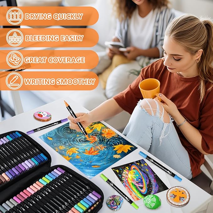 124 Colors Acrylic Paint Pens, Dual Tip Acrylic Paint Markers with Brush Tip and Fine Tip, Acrylic Pens for Rock Painting, Wood, Canvas, Stone, Glass, Ceramic,DIY Crafts Making Art Supplies