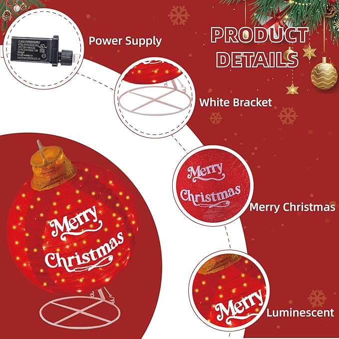 Lighted Pop-Up Christmas Ball with 180 LEDs & 8 Light Functions, Holiday Yard Decor，Outdoor Christmas Decorations