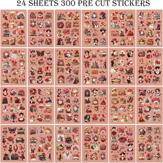 Vintage Ephemera Sticker 24 Sheets precut 300 washi Stickers Paper Journal Stickers for Adults People Scrapbook Stickers Scrapbooking Supplies