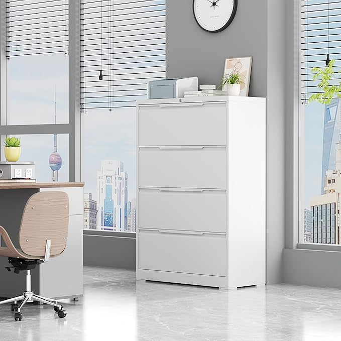 4 Drawer Lateral File Cabinets with Lock,Metal Filing Cabinet for Home Office,Wide Office Storage Cabinet with Hanging Bars for A4 Legal/Letter Size(White-Easy Assembly)