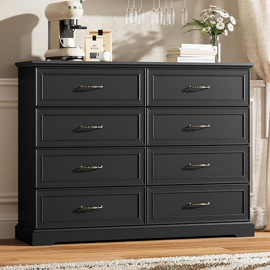 8 Drawer Dresser for Bedroom, 53" Wide Wooden Chest of Drawers, Rustic Farmhouse Dresser with Large Drawers & Metal Handles, Modern Storage Organizer for Closet, Living Room, Hallway, Black