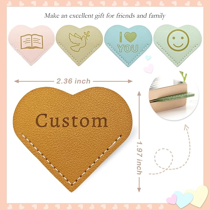 Handmade 6 Pcs Leather Heart Bookmarks - Personalized Corner Page Book Mark with Initials Custom, Cute Reading Gifts for Women Men, Teachers, Students, Mum, Dad, Book Lovers (Love 6 Pcs-Custom)