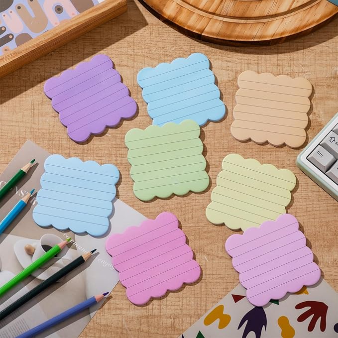 Eaasty 8 Pack Scalloped Sticky Notes Bulk Christmas Cute Self Sticky Note Pads Multi Color Bright Vintage Note Pads or School Office Supplies 240 Sheet(3" X 3",Lined Rainbow Color)