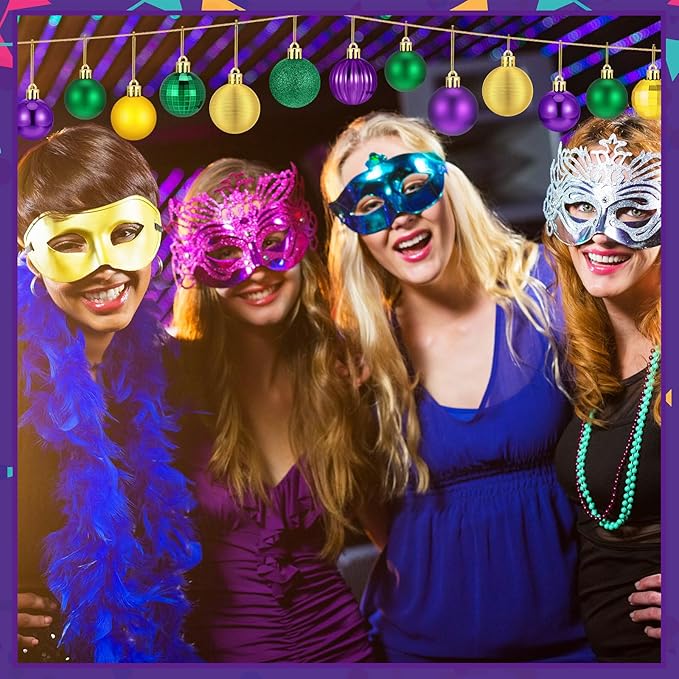 64 Pcs Mardi Gras Christmas Ornaments Glitter Purple Yellow Green Ball Ornament 1.6/1.97/2.4 Inch Assorted Size Plastic Carnival Bulbs Mardi Gras Decoration for Tree Home Indoor Party