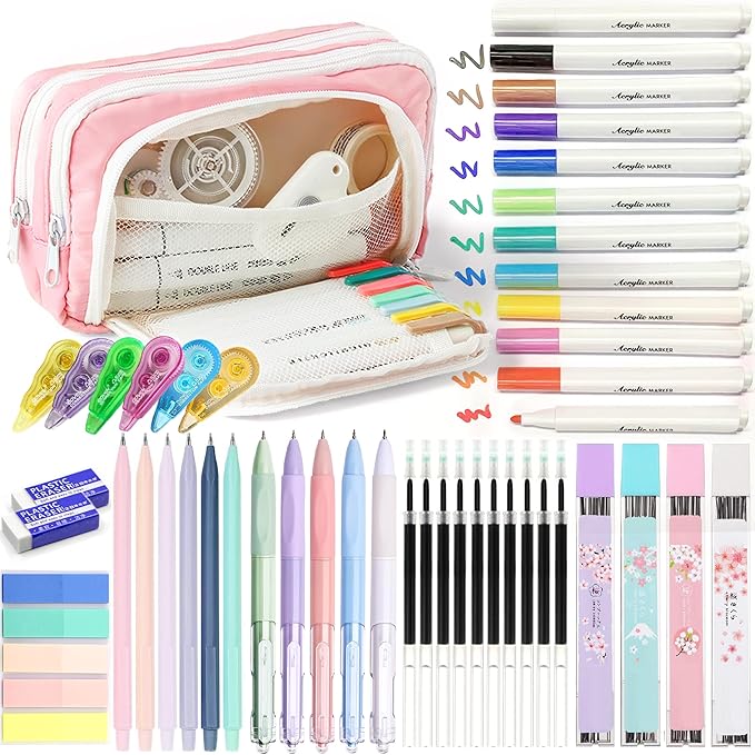 42 PCS Aesthetic School Supplies with Large Pencil Case, 12 Marker Pens with box, 5 Black Ink Gel Pens, 6 Mechanical Pencils Set, Sticky Notes, Complete Essentials Stationery Kit for Students
