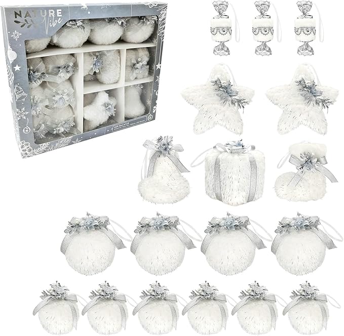 Nature Vibe Set of 18 Faux Fur White Christmas Ornaments in Gift Box,Ornament Balls and Hanging Stars with Silver Accent as Christmas Tree Decorations or Winter Wonderland Decorations
