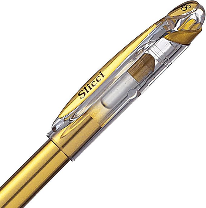 Pentel Arts Slicci Metallic 0.8 mm Needle Tip Gel Pen, Gold Ink, Box of 12 (BG208-x)