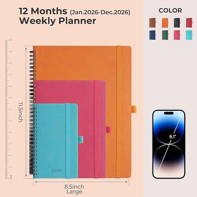 Planner 2026 Daily Weekly and Monthly,11.5"x8.5",12 Months Spiral Bound Calendar Agenda with Self-adhesive Pen Holder,2026 Appointment Book with Vegan Leather Soft Cover,Orange