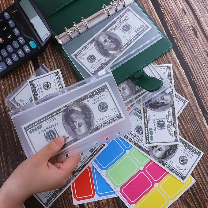 Antner A6 Budget Binder with Zipper Cash Envelopes for Money Organizer & Budgeting, PU Budget Planner Money Saving Binder with Cash Stuffing Envelopes & Labels for Home Office Travel, Dark Green