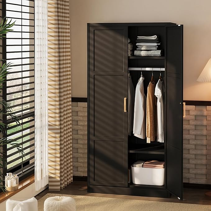 INTERGREAT Metal Storage Cabinet with Hanging Rail, Black Armoire Wardrobe Closet with 2 Doors,72" H Storage Closet Cabinets with Adjustable Shelves and Removable Hanging Rods