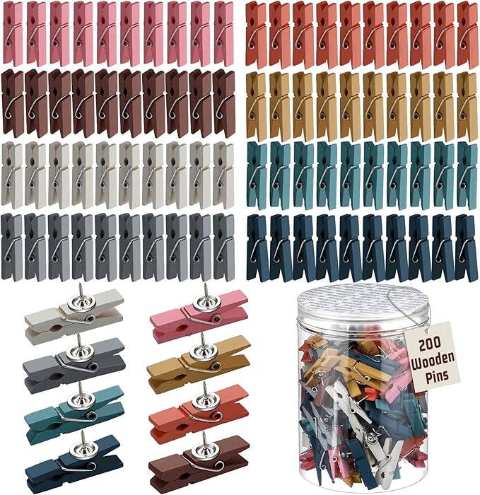 200 Pcs Push Pin with Wooden Clips Tacks Boho Classroom Decor for Cork Board Bulletin Board Colorful Thumb Tacks Wooden Clips for Teachers School Office Home Supplies Accessories