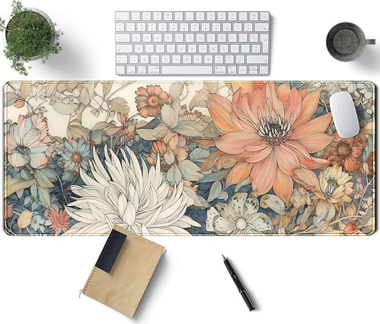Japanese Minimalist Floral Desk Mat Aesthetic Flowers XL Large Extended Gaming Mouse Pad with Stitched Edges, Big Laptop Computer Keyboard and Mouse Mat for Girl Women Office Decor 31.5x11.8 in