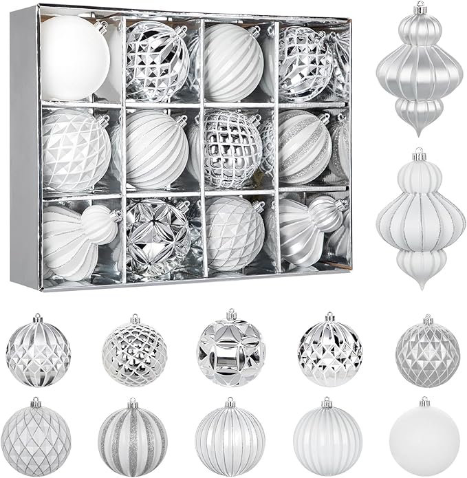 4" Christmas Ball Ornaments Set 12PCS Large Shatterproof Plastic Ornaments Christmas Tree Ball Hanging Ornaments for Xmas Tree Wedding Party Holiday Decorations - Silver, White