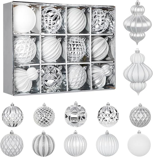 4" Christmas Ball Ornaments Set 12PCS Large Shatterproof Plastic Ornaments Christmas Tree Ball Hanging Ornaments for Xmas Tree Wedding Party Holiday Decorations - Silver, White