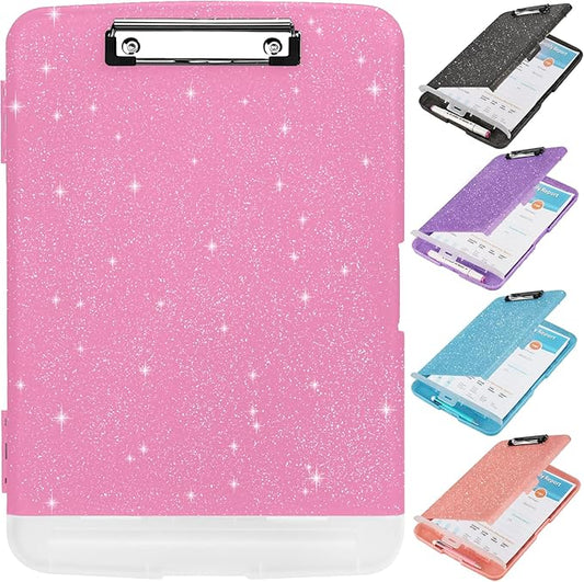 Glitter Clipboard with Storage,Storage Clipboard with Pen Holder,A4 Binder Clip Boards 8.5x11 with Low Profile Clip,Side Opening Sparkle Clipboards, Clipboards Folder for Office Supplies-Rose Pink