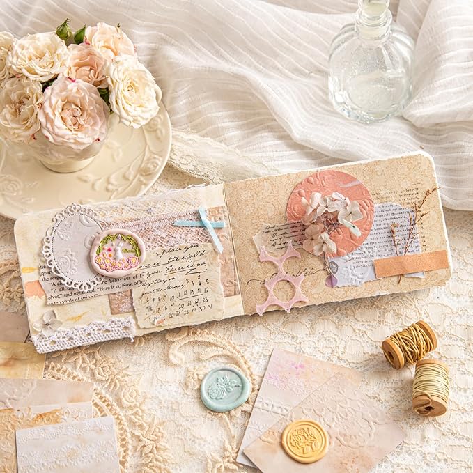 Vintage Floral Scrapbook Paper Set, 150 PCS Textured Craft Paper Kit with Glue Tape for Journaling, Scrapbooking, DIY Crafts, and Art Supplies