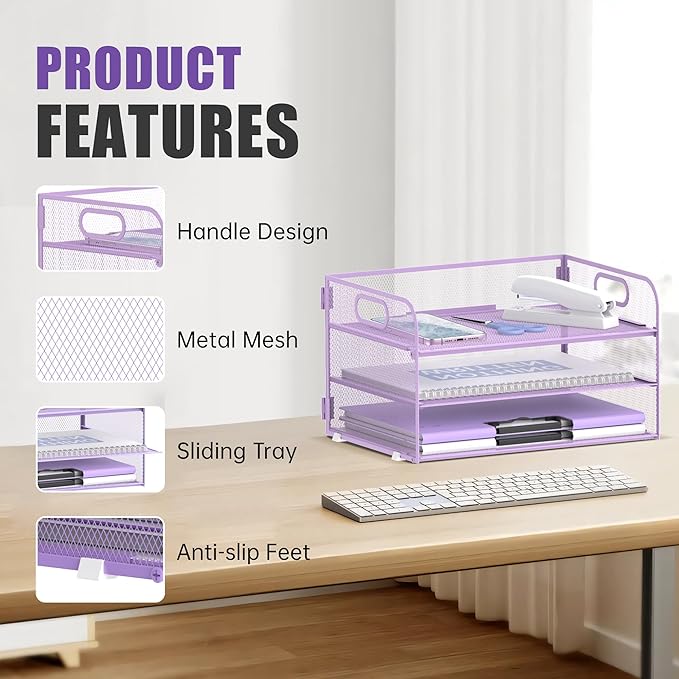 Daltack 3-Tier Paper Organizer with Handle, Mesh Desk Organizer Letter Tray, Purple