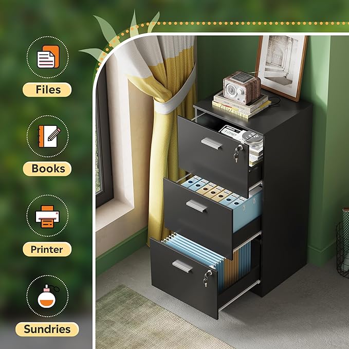 DEVAISE 3 Drawer File Cabinet with Lock, Vertical Wood Filing Cabinet for Home Office, Printer Stand for Letter and A4 Size, Black