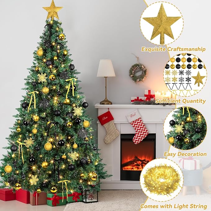 86Pcs Led Light Black and Gold Christmas Tree Decorations Set 100 Led Light Christmas Star Trees Topper with String Lights Xmas Balls Snowflakes Ornaments Bows Xmas Trees Decor 20m Light String