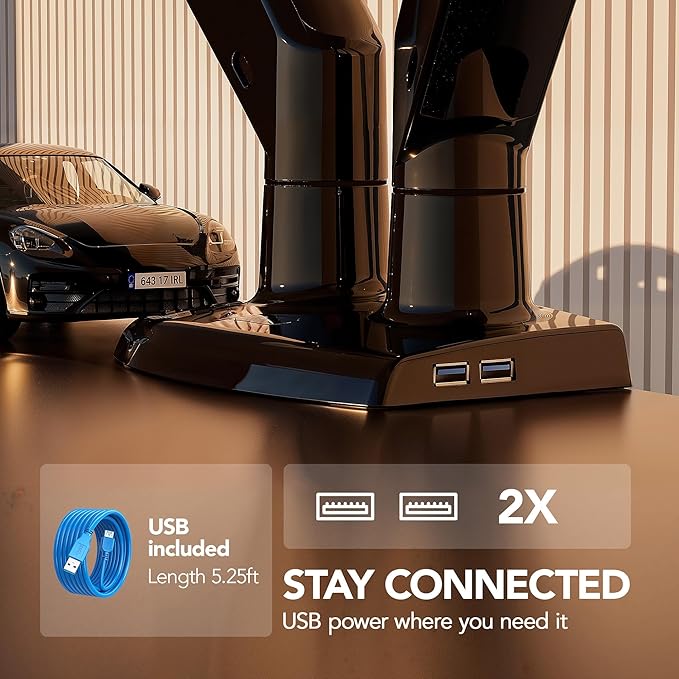 HUANUO NITROGLIDE™ Dual Monitor Stand for 13″–40″, Premium Dual Monitor Mount with USB, Height Adjustable Monitor Stand for 2 Monitors, VESA Mount with Clamp/Grommet Base, Holds 26.4lbs per Arm, HNDS7