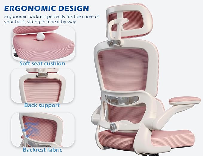 TRALT Ergonomic Office Chair - Desk Chair with Adjustable Headrest Lumbar Support Computer Chair - Mesh Comfy Chair with Flip-up Armrests - Gaming Chairs for Adults Home Office (Leather, Pink)