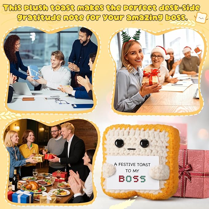 Gifts for Boss “A Festive Toast to My Boss” Handmade Crochet Toast Plush, Funny Thank You Appreciation Gift for Women Men Boss, Coworker, Manager, Supervisor, Leader – Office Christmas Decor Gift