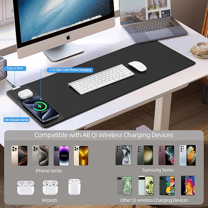 Mouse Pad with Wireless Charging, Gaming Mouse Pad with Ultra-Smooth Surface, Large XXL Desk Mat, Non-Slip Mouse Mat, Waterproof Computer Keyboard Pad for Gaming, Desk, Office, PC, 800x300x4MM, Black