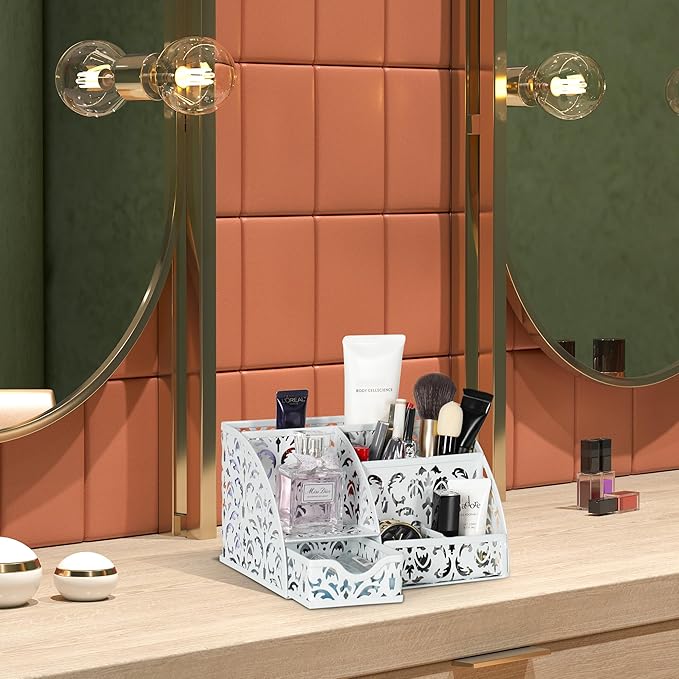 EasyPAG Pen Holder Desk Organizer with Drawer Pencil Cup for Desk 6 Compartments Metal Office Caddy Storage with Sticky Notes Holder for School Home Office, White