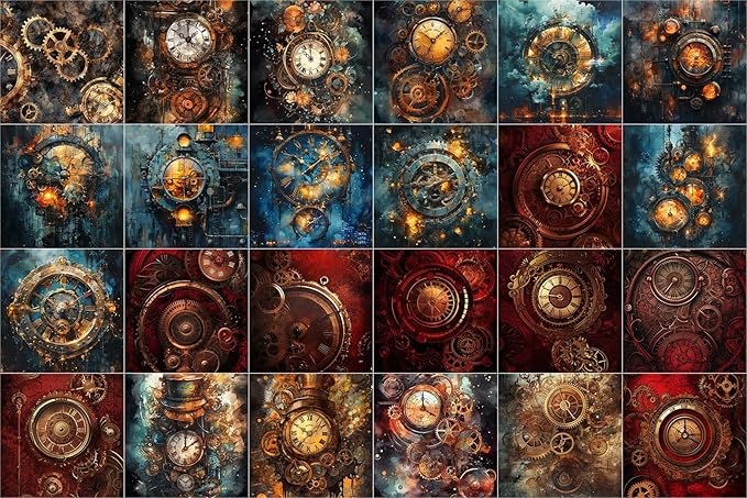 FLONZ Scrapbook Paper (24 sheets 6"x6") Clockwork Depth Spiral ~ Steampunk-inspired mechanical collages featuring gears, dials and clock faces in textured digital painting and photomontage technique