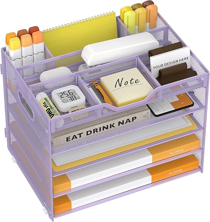 5 Tier Paper Letter Tray with 3 Drop-in Pen Holders, Mesh Desk File Organizer with Handle, Desk Organizers and Accessories for School,Home, Office Supplies Storage-Purple